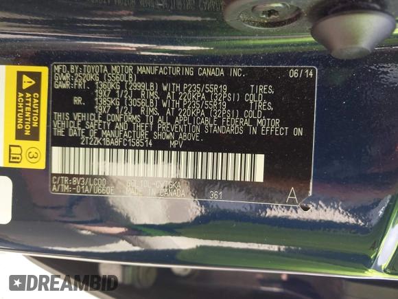 2015 Lexus RX 350 with VIN 2T2ZK1BA8FC158514, listed as a IAAI auction lot 42583672 with 61,590 mi miles and . Bid and sale history available at DreamBid. Image 9.