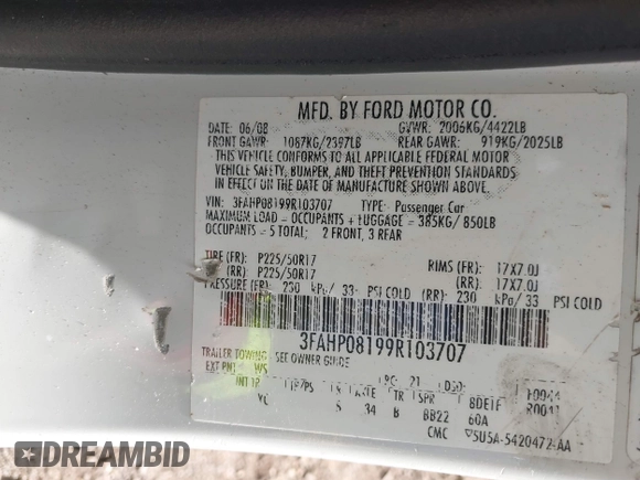 2009 Ford Fusion SEL with VIN 3FAHP08199R103707, listed as a IAAI auction lot 40882108 with 239,154 mi miles and . Bid and sale history available at carsss.com. Image 9.
