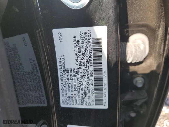 2022 Honda Accord Sedan Sport SE with VIN 1HGCV1F47NA115650, listed as a Copart auction lot 52176265 with 40,015 mi miles and Salvage Title. Bid and sale history available at carsss.com. Image 12.
