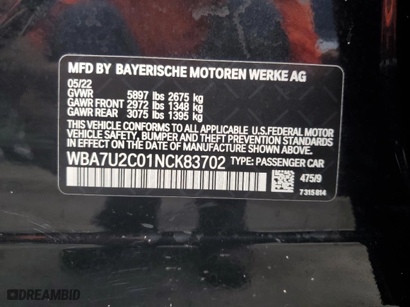 2022 BMW 7 Series 750i xDrive with VIN WBA7U2C01NCK83702, listed as a Copart auction lot 74327704 with 0 mi miles and Salvage Title. Bid and sale history available at carsss.com. Image 13.