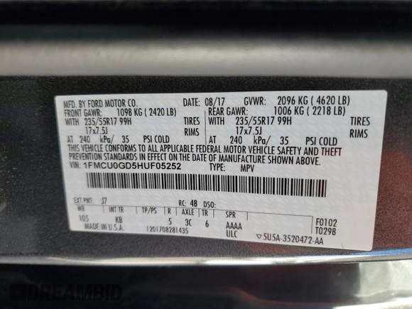 2017 Ford Escape SE with VIN 1FMCU0GD5HUF05252, listed as a Copart auction lot 83610274 with 100,481 mi miles and Clean Title. Bid and sale history available at carsss.com. Image 13.