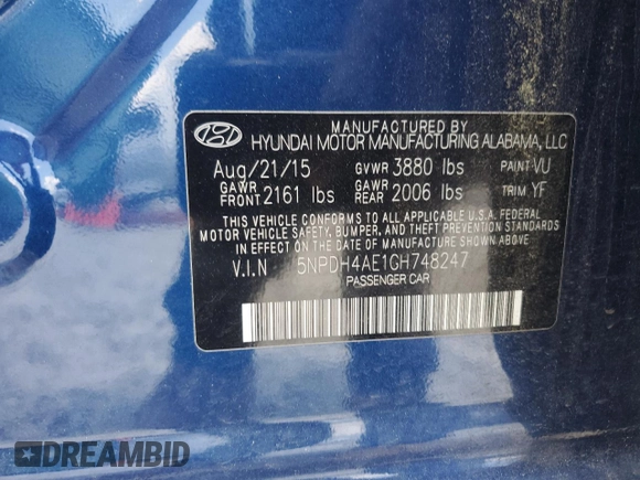 2016 Hyundai Elantra SE with VIN 5NPDH4AE1GH748247, listed as a Copart auction lot 62893425 with 90,898 mi miles and Salvage title. Bid and sale history available at DreamBid. Image 12.