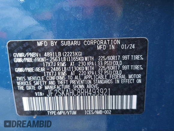 2024 Subaru Forester Wilderness with VIN JF2SKAHC8RH493921, listed as a Copart auction lot 63338015 with 35,928 mi miles and Salvage title. Bid and sale history available at DreamBid. Image 14.