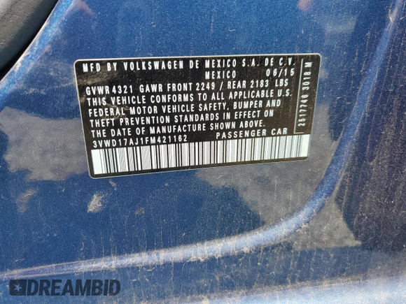 2015 Volkswagen Jetta SE with VIN 3VWD17AJ1FM421162, listed as a Copart auction lot 63873695 with 191,976 mi miles and Salvage title. Bid and sale history available at DreamBid. Image 12.