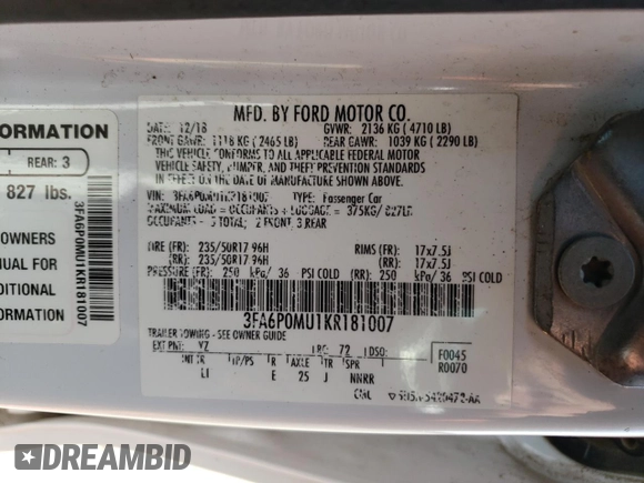 2019 Ford Fusion Hybrid SEL with VIN 3FA6P0MU1KR181007, listed as a Copart auction lot 40117743 with 0 mi miles. Bid and sale history available at carsss.com. Image 14.