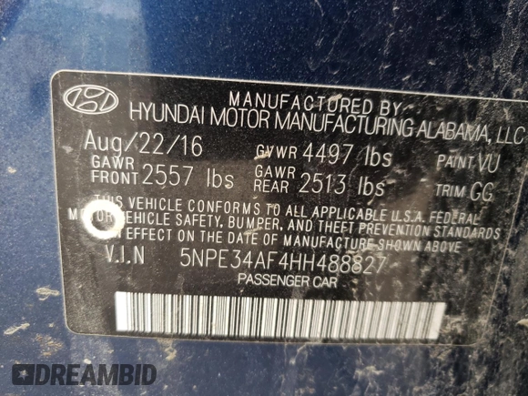 2017 Hyundai Sonata Sport with VIN 5NPE34AF4HH488827, listed as a Copart auction lot 52217955 with 103,258 mi miles and Clean Title. Bid and sale history available at carsss.com. Image 12.