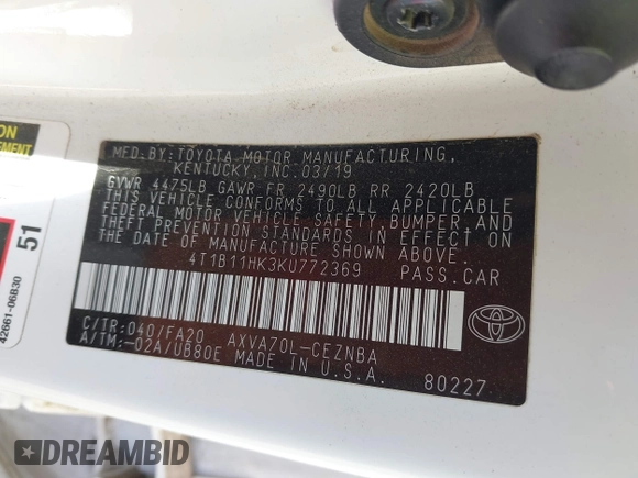 2019 Toyota Camry LE with VIN 4T1B11HK3KU772369, listed as a IAAI auction lot 41353103 with 85,565 mi miles and . Bid and sale history available at DreamBid. Image 9.