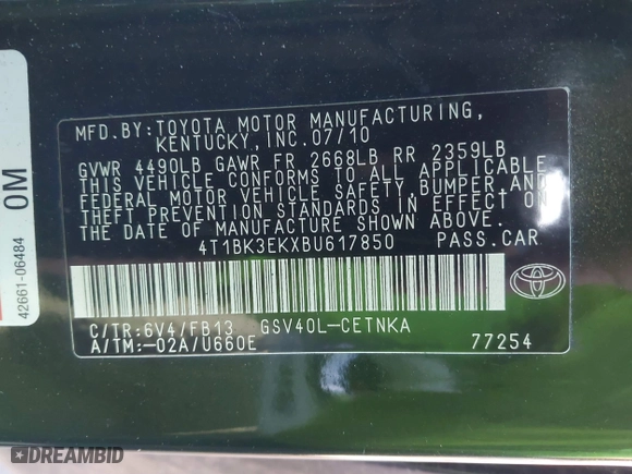 2011 Toyota Camry LE with VIN 4T1BK3EKXBU617850, listed as a IAAI auction lot 41647333 with 221,533 mi miles. Bid and sale history available at carsss.com. Image 9.