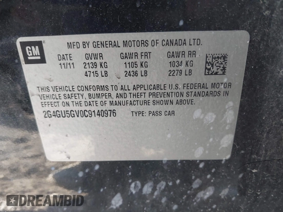 2012 Buick Regal Turbo Premium 3 with VIN 2G4GU5GV0C9140976, listed as a IAAI auction lot 41499024 with 120,001 mi miles and . Bid and sale history available at DreamBid. Image 9.