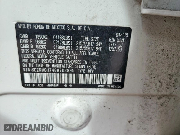 2016 Honda HR-V EX-L w/Navi with VIN 3CZRU6H74GM708995, listed as a Copart auction lot 51014865 with 105,957 mi miles and Salvage Title. Bid and sale history available at carsss.com. Image 13.