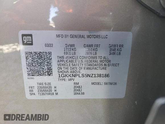 2022 GMC Acadia Denali with VIN 1GKKNPLS5NZ138186, listed as a Copart auction lot 44057255 with 0 mi miles and Salvage Title. Bid and sale history available at carsss.com. Image 15.