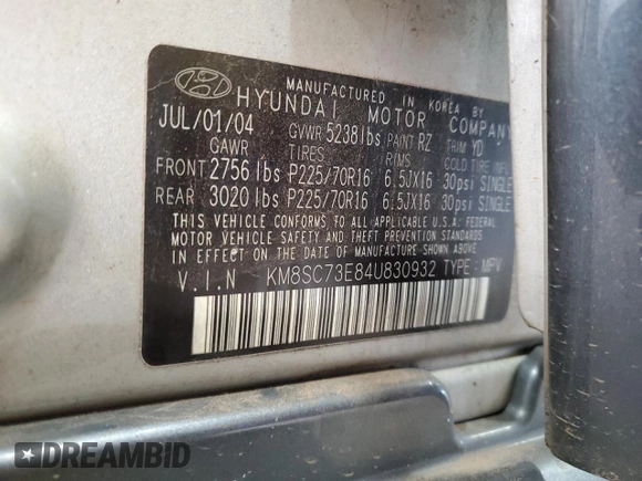 2004 Hyundai Santa Fe GLS with VIN KM8SC73E84U830932, listed as a Copart auction lot 42572735 with 206,142 mi miles and Clean Title. Bid and sale history available at carsss.com. Image 13.