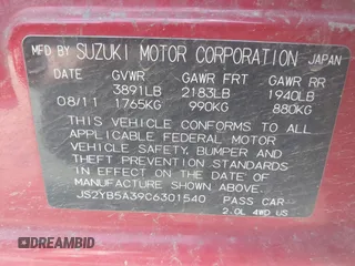 2012 Suzuki SX4 Crossover with VIN JS2YB5A39C6301540, listed as a IAAI auction lot 41989579 with 158,824 mi miles. Bid and sale history available at carsss.com. Image 9.