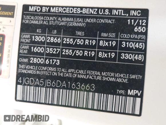 2013 Mercedes-Benz M 350 with VIN 4JGDA5JB6DA163663, listed as a IAAI auction lot 42449381 with 125,880 mi miles and . Bid and sale history available at DreamBid. Image 9.
