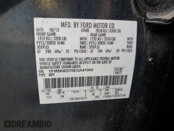 2014 Ford Explorer Sport z VIN 1FM5K8GT0EGA41060, wystawiony jako Copart lot #56993955 z przebiegiem 139 914 mil mil oraz Szkoda całkowita • Salvage title. Historia ofert i sprzedaży dostępna na DreamBid. Obrazek 13.