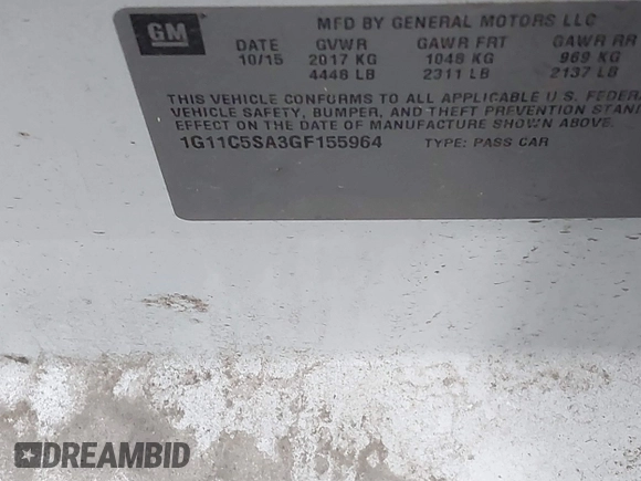 2016 Chevrolet Malibu LT with VIN 1G11C5SA3GF155964, listed as a IAAI auction lot 40507234 with 161,183 mi miles and . Bid and sale history available at DreamBid. Image 9.