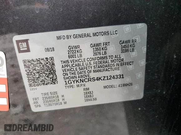 2019 Cadillac XT5 Luxury FWD with VIN 1GYKNCRS4KZ124331, listed as a Copart auction lot 44056455 with 66,449 mi miles and Salvage Title. Bid and sale history available at DreamBid. Image 13.