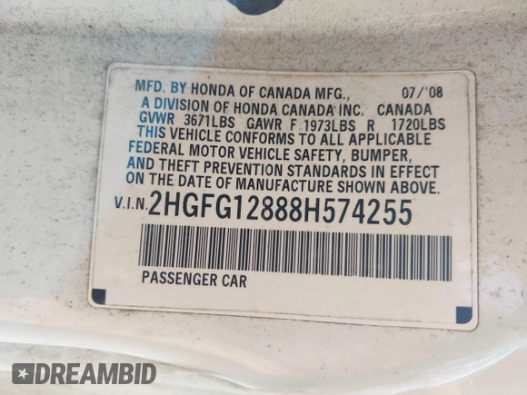 2008 Honda Civic Cpe EX with VIN 2HGFG12888H574255, listed as a IAAI auction lot 41920905 with 236,005 mi miles. Bid and sale history available at carsss.com. Image 9.