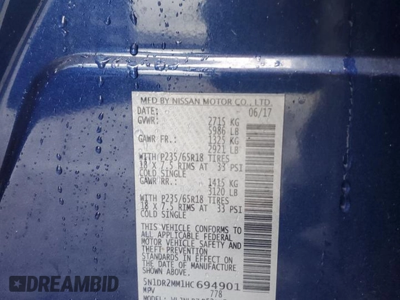 2017 Nissan Pathfinder S z VIN 5N1DR2MM1HC694901, wystawiony jako Copart lot #57759875 z przebiegiem 124 413 mil mil oraz Szkoda całkowita • Salvage title. Historia ofert i sprzedaży dostępna na DreamBid. Obrazek 14.