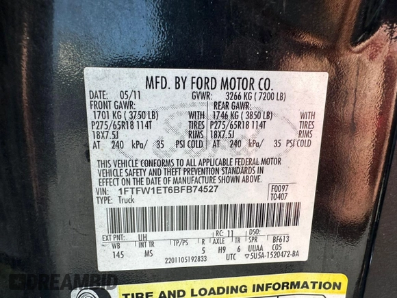 2011 Ford F-150 XLT with VIN 1FTFW1ET6BFB74527, listed as a Copart auction lot 56054535 with 197,177 mi miles and Clean Title. Bid and sale history available at carsss.com. Image 10.