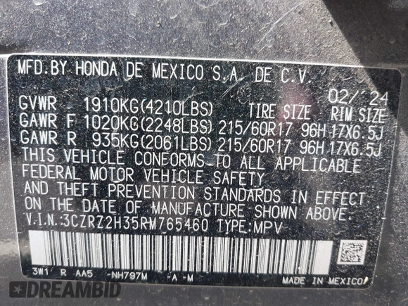 2024 Honda HR-V LX z VIN 3CZRZ2H35RM765460, wystawiony jako IAAI lot #41760314 z przebiegiem 12 837 mil mil oraz . Historia ofert i sprzedaży dostępna na DreamBid. Obrazek 9.