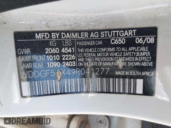 2009 Mercedes-Benz C 300 Sport with VIN WDDGF54X49R041277, listed as a IAAI auction lot 42413337 with 294,821 mi miles and . Bid and sale history available at DreamBid. Image 9.
