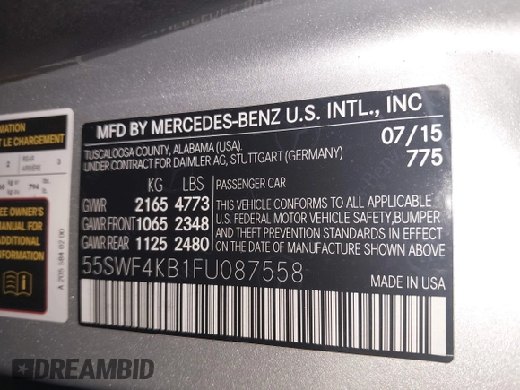 2015 Mercedes-Benz C 300 Luxury with VIN 55SWF4KB1FU087558, listed as a IAAI auction lot 41904253 with 82,901 mi miles and . Bid and sale history available at carsss.com. Image 9.
