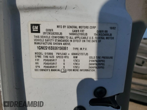 2003 Chevrolet TrailBlazer EXT LT with VIN 1GNES16S936156061, listed as a Copart auction lot 59590264 with 210,543 mi miles and Salvage Title. Bid and sale history available at DreamBid. Image 15.