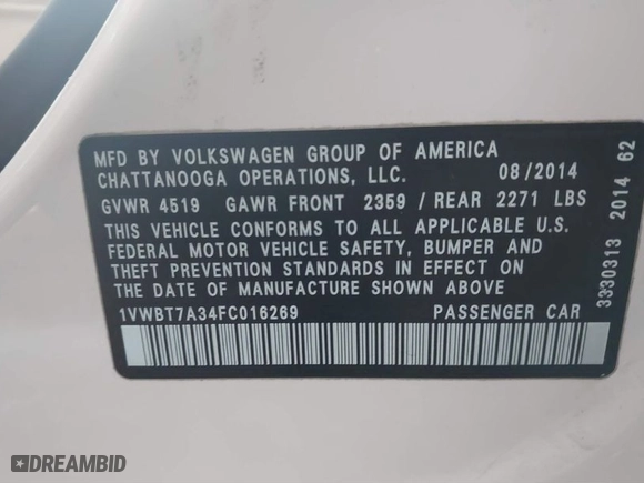 2015 Volkswagen Passat 1.8T SE w/Sunroof & Nav with VIN 1VWBT7A34FC016269, listed as a IAAI auction lot 41754089 with 357,694 mi miles. Bid and sale history available at carsss.com. Image 9.