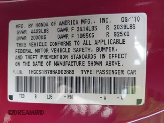 2011 Honda Accord EX with VIN 1HGCS1B78BA002889, listed as a IAAI auction lot 42448976 with 95,451 mi miles and . Bid and sale history available at DreamBid. Image 9.