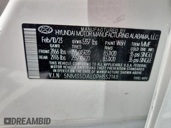2023 Hyundai Santa Fe Calligraphy z VIN 5NMS5DAL0PH552148, wystawiony jako Copart lot #63868585 z przebiegiem 8 733 mil mil oraz Szkoda całkowita • Salvage title. Historia ofert i sprzedaży dostępna na DreamBid. Obrazek 13.