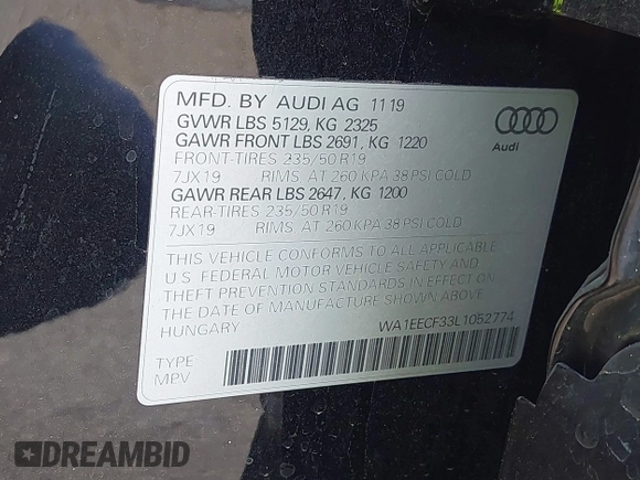 2020 Audi Q3 S line Premium Plus with VIN WA1EECF33L1052774, listed as a IAAI auction lot 42199200 with 55,008 mi miles and . Bid and sale history available at DreamBid. Image 9.