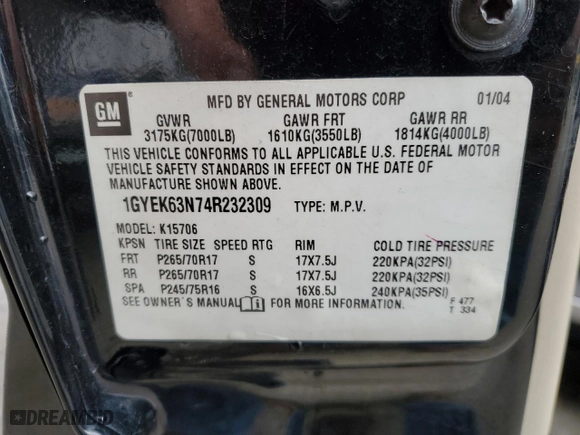 2004 Cadillac Escalade with VIN 1GYEK63N74R232309, listed as a Copart auction lot 53099795 with 222,698 mi miles and Salvage Title. Bid and sale history available at carsss.com. Image 13.