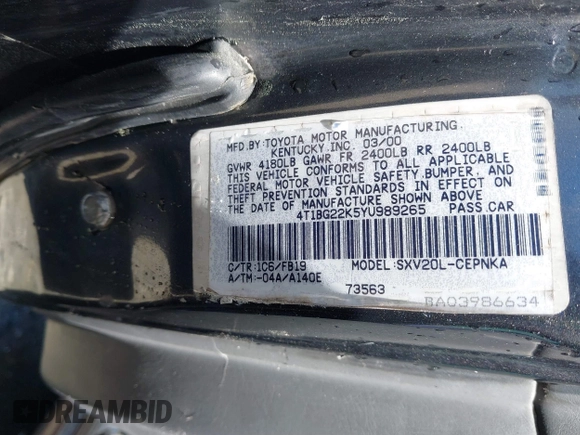 2000 Toyota Camry CE z VIN 4T1BG22K5YU989265, wystawiony jako IAAI lot #41800338 z przebiegiem 381 964 mil mil oraz . Historia ofert i sprzedaży dostępna na DreamBid. Obrazek 9.