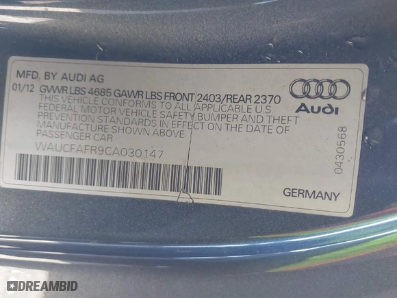 2012 Audi A5 2.0T Premium with VIN WAUCFAFR9CA030147, listed as a IAAI auction lot 41289063 with 171,875 mi miles. Bid and sale history available at carsss.com. Image 9.