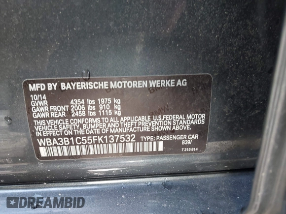 2015 BMW 3 Series 320i with VIN WBA3B1C55FK137532, listed as a IAAI auction lot 42322838 with 79,613 mi miles and . Bid and sale history available at DreamBid. Image 9.