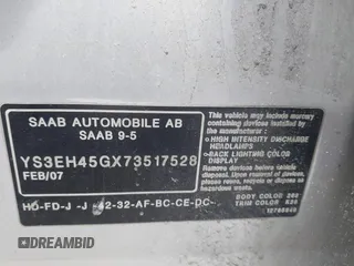 2007 Saab 9-5 Aero with VIN YS3EH45GX73517528, listed as a IAAI auction lot 41581993 with 167,774 mi miles. Bid and sale history available at carsss.com. Image 9.