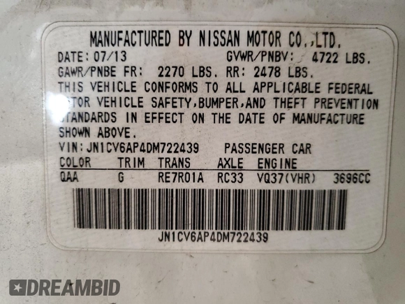 2013 Infiniti G37 Sedan Journey with VIN JN1CV6AP4DM722439, listed as a Copart auction lot 51188545 with Not Provided miles and Clean Title. Bid and sale history available at carsss.com. Image 12.