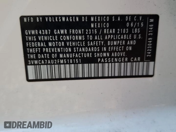 2015 Volkswagen Golf SportWagen TDI SE with VIN 3VWCA7AU2FM518151, listed as a Copart auction lot 67848394 with 92,858 mi miles and Salvage Title. Bid and sale history available at carsss.com. Image 12.