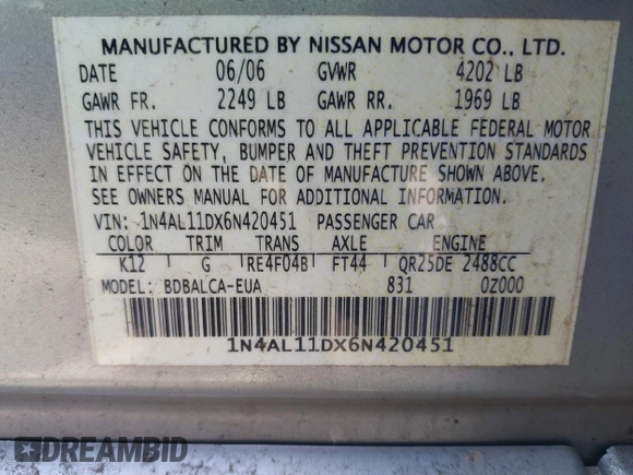 2006 Nissan Altima 2.5 S with VIN 1N4AL11DX6N420451, listed as a IAAI auction lot 41906414 with 162,086 mi miles. Bid and sale history available at carsss.com. Image 9.