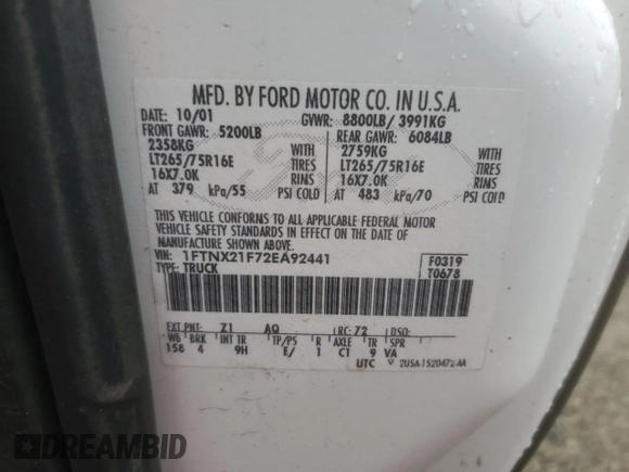 2002 Ford F-250 XL z VIN 1FTNX21F72EA92441, wystawiony jako Copart lot #46567825 z przebiegiem 132 588 mil mil oraz Szkoda całkowita • Salvage title. Historia ofert i sprzedaży dostępna na DreamBid. Obrazek 13.