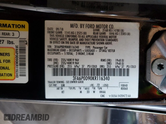 2019 Ford Fusion Titanium with VIN 3FA6P0D90KR116340, listed as a Copart auction lot 60240135 with 190,838 mi miles and Clean title. Bid and sale history available at DreamBid. Image 12.