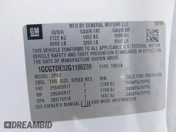 2016 Chevrolet Colorado 4WD Z71 with VIN 1GCGTDE32G1186239, listed as a IAAI auction lot 42561836 with 120,482 mi miles and . Bid and sale history available at DreamBid. Image 9.