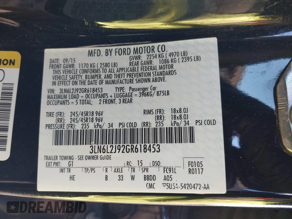 2016 Lincoln MKZ with VIN 3LN6L2J92GR618453, listed as a IAAI auction lot 41545429 with 134,229 mi miles and . Bid and sale history available at DreamBid. Image 9.