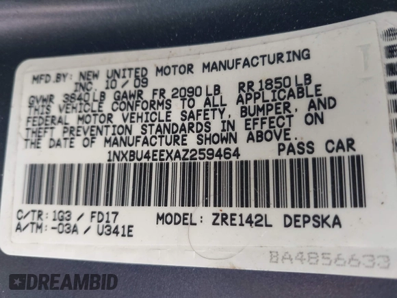 2010 Toyota Corolla with VIN 1NXBU4EEXAZ259464, listed as a IAAI auction lot 42214982 with 140,616 mi miles and . Bid and sale history available at carsss.com. Image 9.