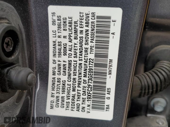 2016 Honda Civic EX with VIN 19XFC2F73GE091722, listed as a Copart auction lot 51637745 with 83,712 mi miles and Salvage Title. Bid and sale history available at DreamBid. Image 13.