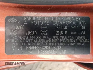 2009 Kia Spectra SX with VIN KNAFE221X95026213, listed as a Copart auction lot 85348104 with 124,171 mi miles and Salvage Title. Bid and sale history available at carsss.com. Image 15.