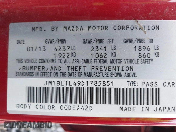 2013 Mazda 3 Mazdaspeed3 Touring with VIN JM1BL1L49D1785851, listed as a IAAI auction lot 41691825 with 148,448 mi miles and . Bid and sale history available at DreamBid. Image 9.