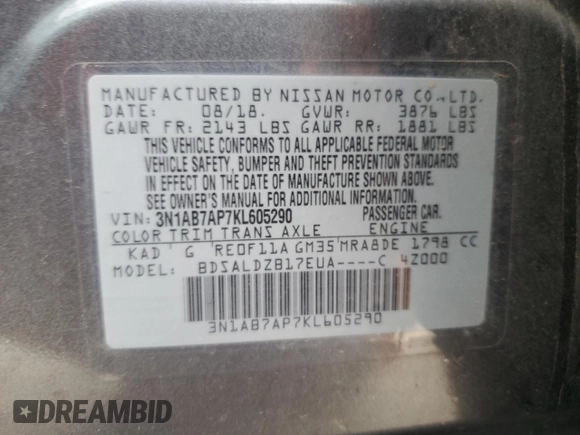 2019 Nissan Sentra SV with VIN 3N1AB7AP7KL605290, listed as a Copart auction lot 51438775 with 108,937 mi miles and Salvage Title. Bid and sale history available at DreamBid. Image 12.