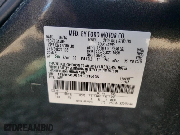 2017 Ford Explorer XLT с VIN 1FM5K8D81HGB18636, выставлен на аукционе Copart как лот 70666574 с пробегом 185 706 миль миль и На запчасти • Non repairable. История ставок и продаж доступна на DreamBid. Изображение 13.